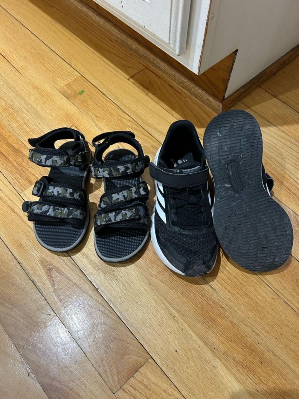 adidas Black Kids Sandals with Black Camo Strap and Black Athletic Sneaker